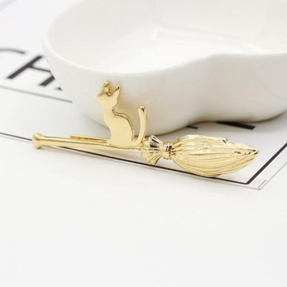 Cat on Broom Hair Pin (Gold & Silver)